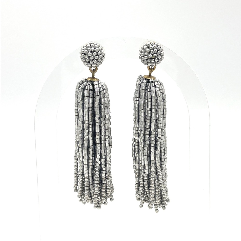 J.Crew Silver Beaded Tassel Statement Earrings Metallic Fringe Drop